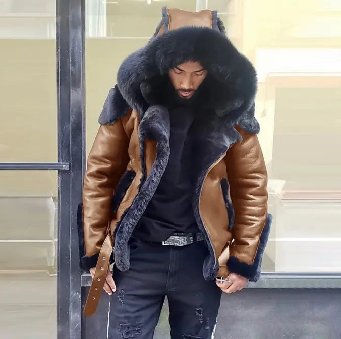 Men's Short Jacket with Faux Fur Hood