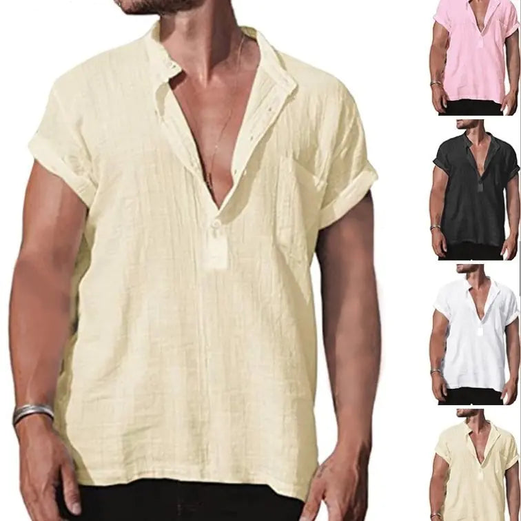 Camisa de lino de verano para hombre de manga corta con bolsillo