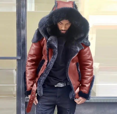 Men's Short Jacket with Faux Fur Hood