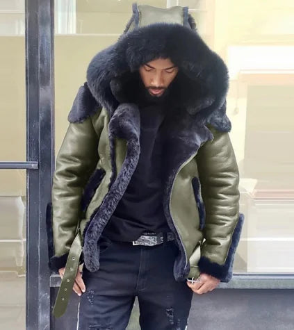 Men's Short Jacket with Faux Fur Hood