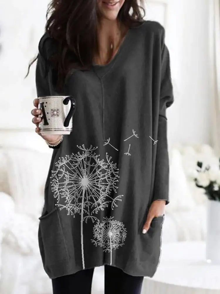 Women's printed long-sleeved, round-neck blouse-style sweater