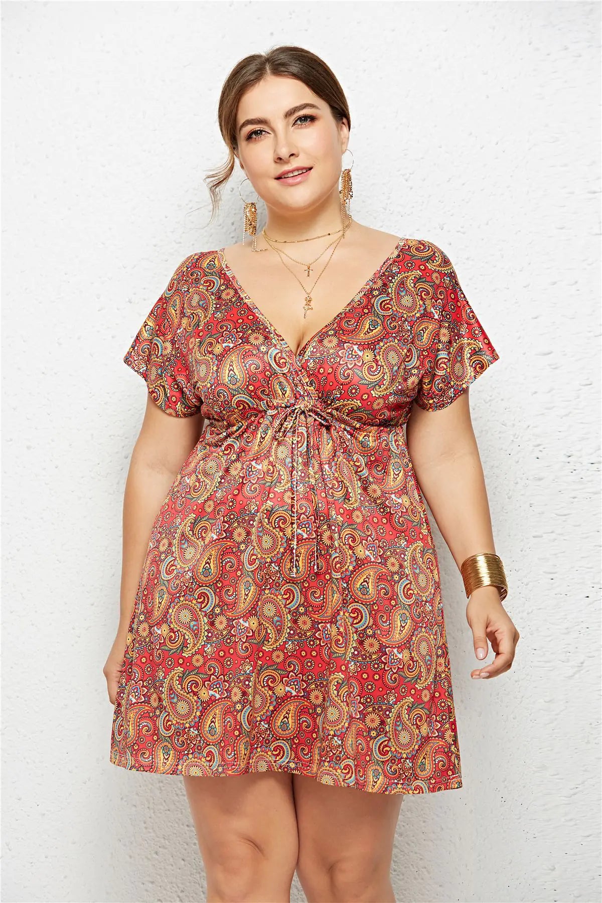 Printed dress with deep V-neck and elasticated waist