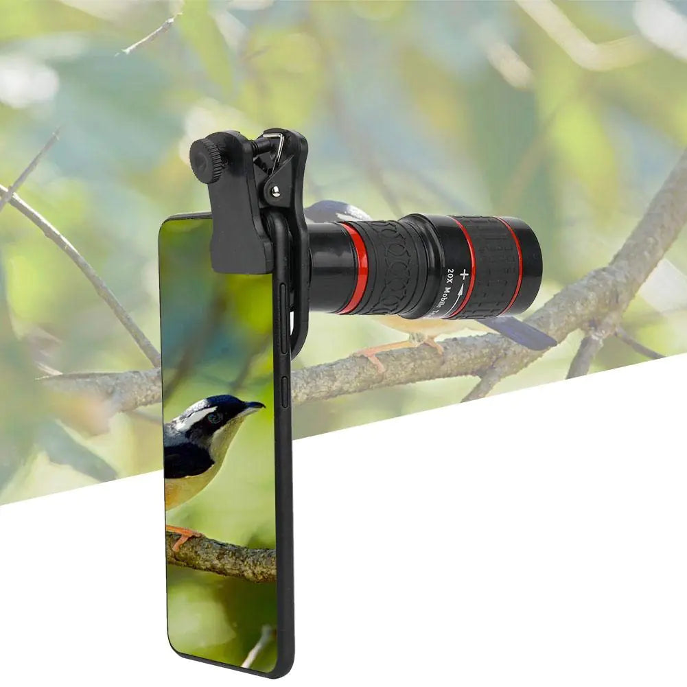 Cell phone camera lens, 20X long focus zoom telephoto lens with clip for smartphone, tablet, PC for sporting events, concerts and bird watching.