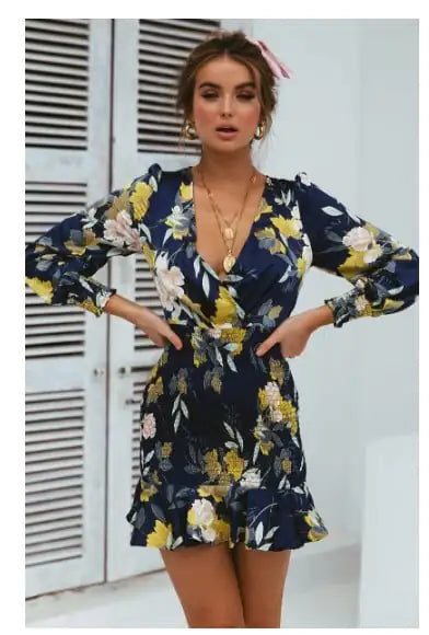 Printed dress with V-neck and elasticated crossover waist