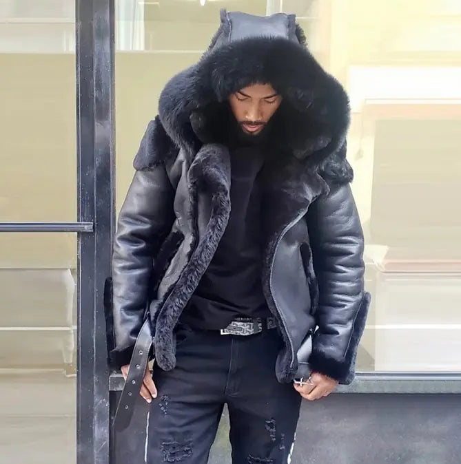 Men's Short Jacket with Faux Fur Hood