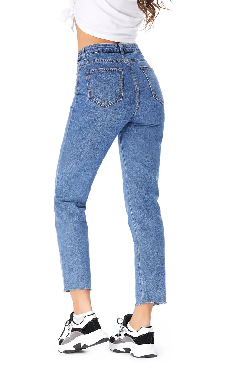 Women's straight-leg jeans with a high waist and raw hem