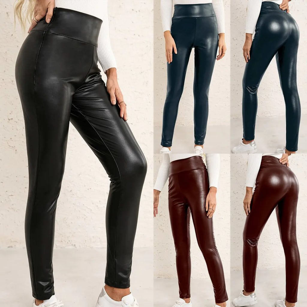 Women's high-elasticity, slim-fit leather pants