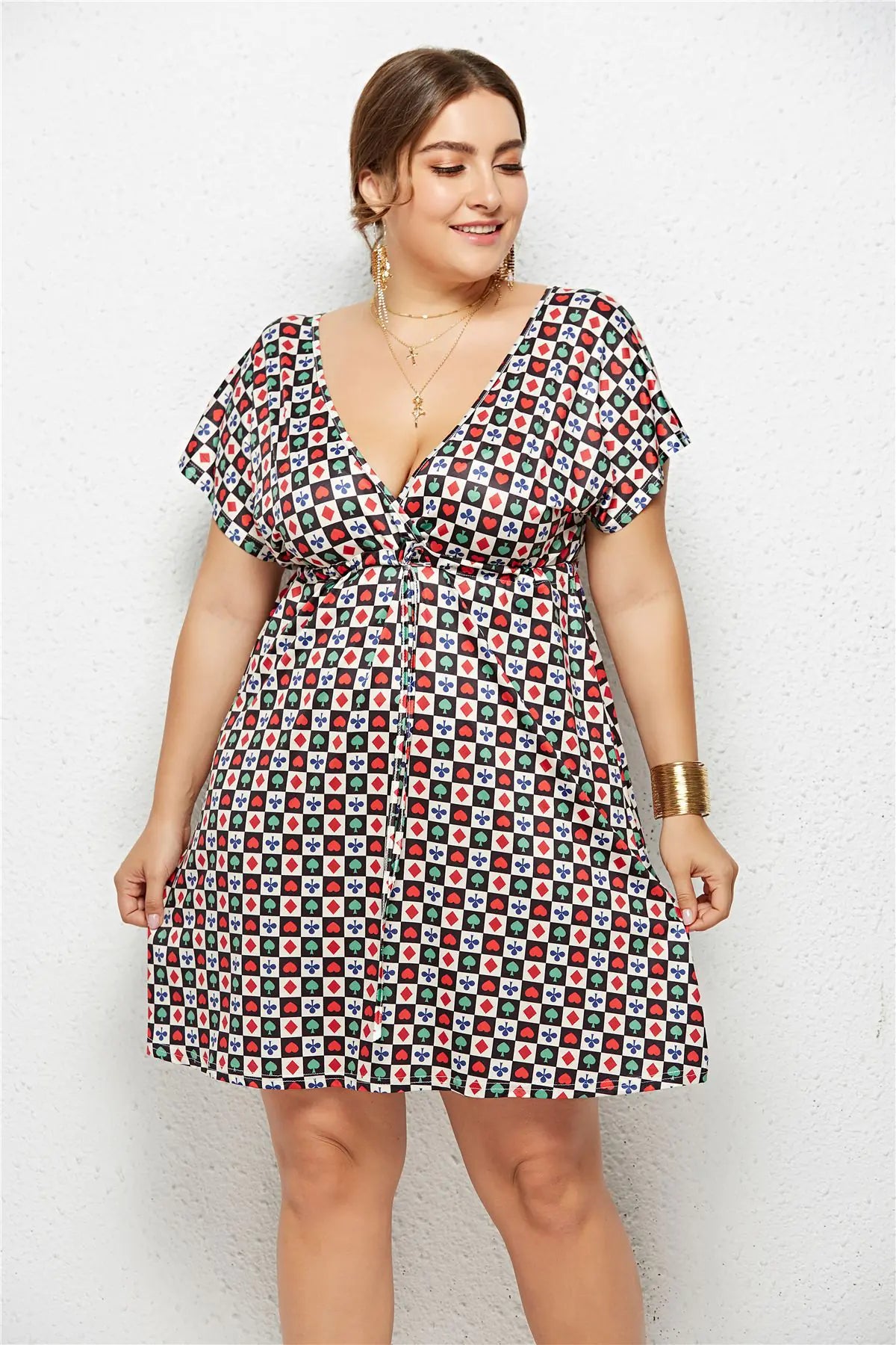Printed dress with deep V-neck and elasticated waist