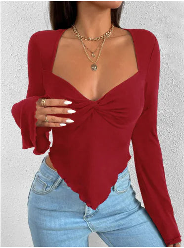 Camiseta de mujer de manga larga con cuello en V y punto irregular