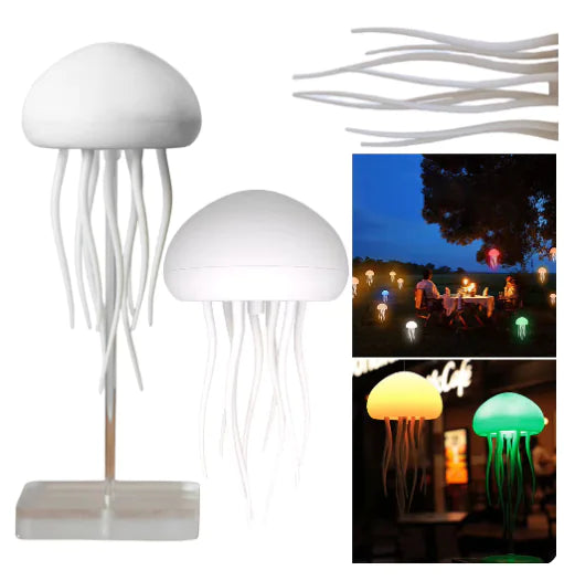 Jellyfish lamp with voice control that changes color, can be hung and placed on a stand.