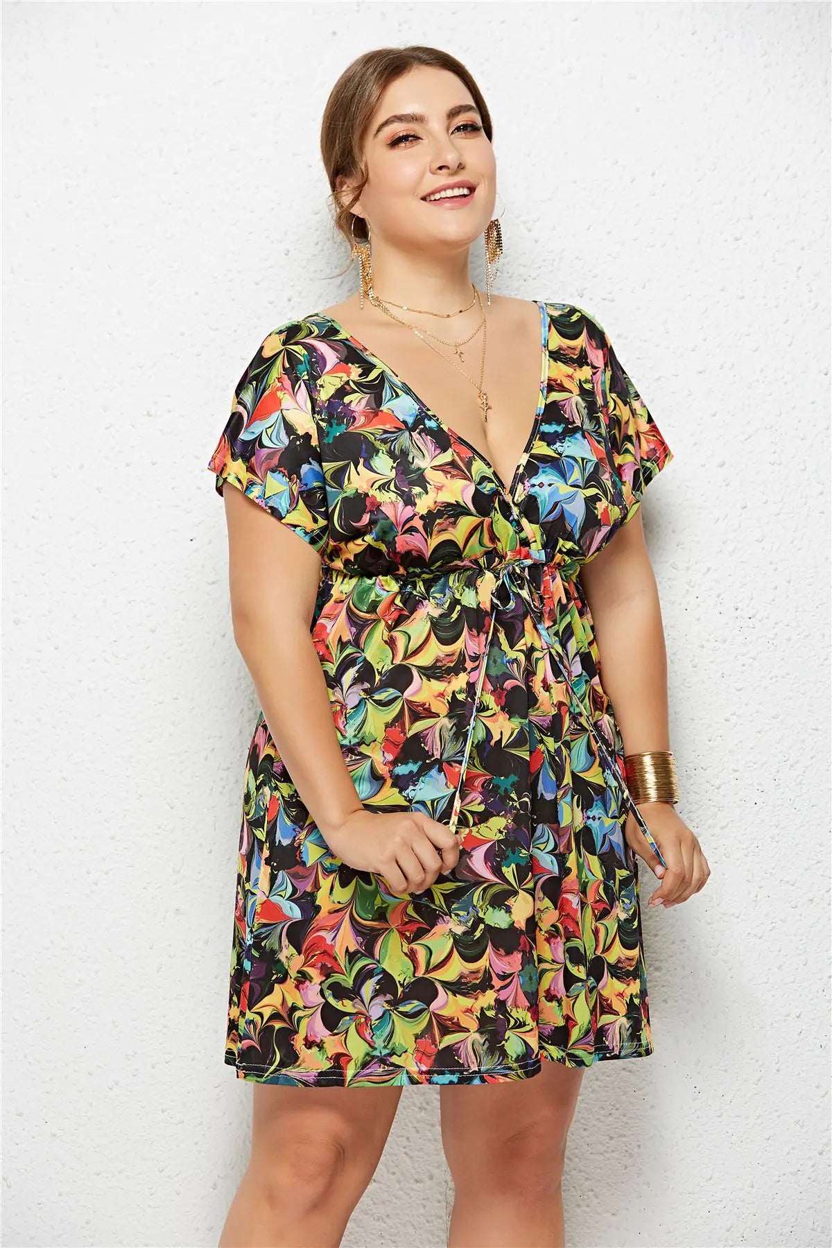 Printed dress with deep V-neck and elasticated waist