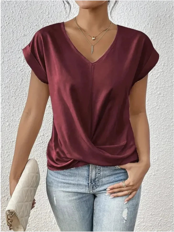 Camiseta de manga corta con cuello en V y nudo irregular para mujer