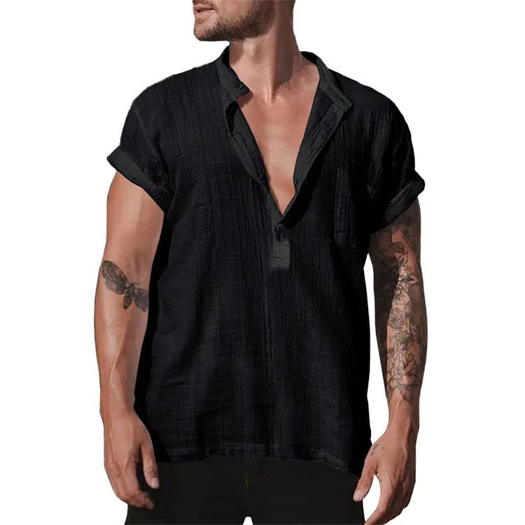 Camisa de lino de verano para hombre de manga corta con bolsillo