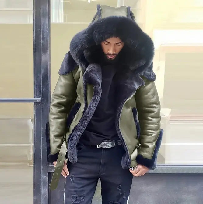 Men's Short Jacket with Faux Fur Hood