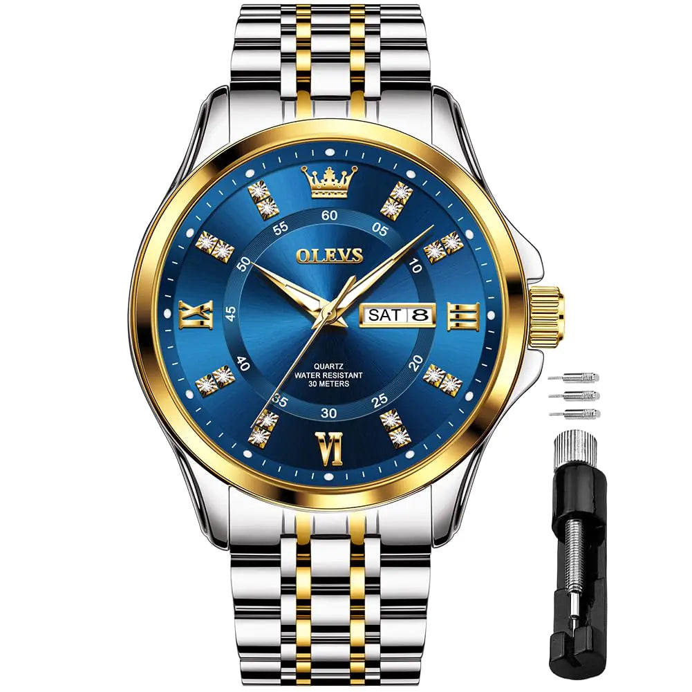 OLEVS men's blue dial business watch with diamonds, analog, easy to read, men's wristwatch, water resistant, luminous, calendar, men's dress watch
