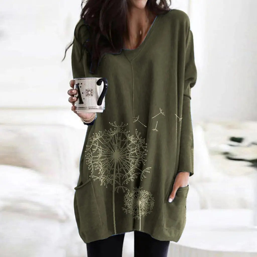 Women's printed long-sleeved, round-neck blouse-style sweater
