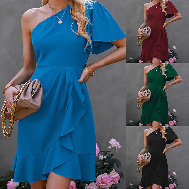 Vestido de primavera de un solo hombro de color sólido con volantes - Vant