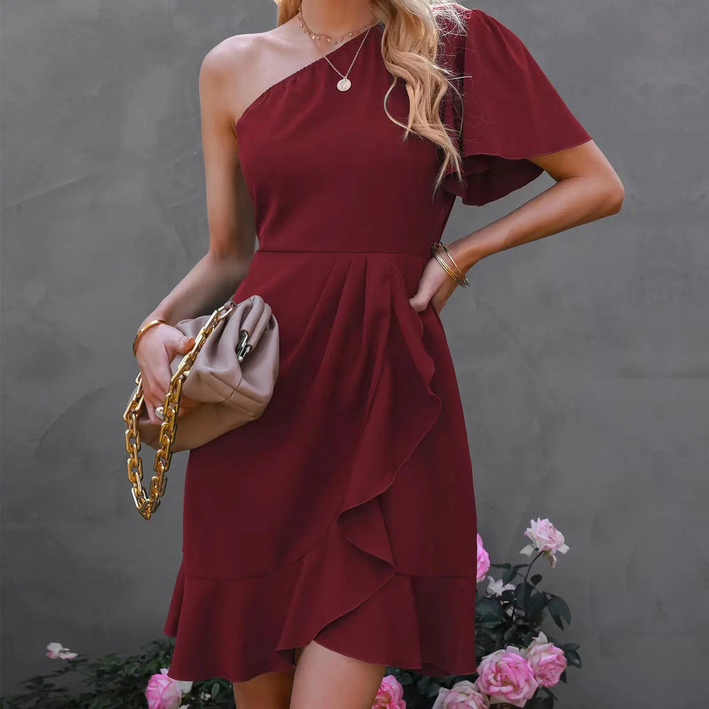 Vestido de primavera de un solo hombro de color sólido con volantes - Vant