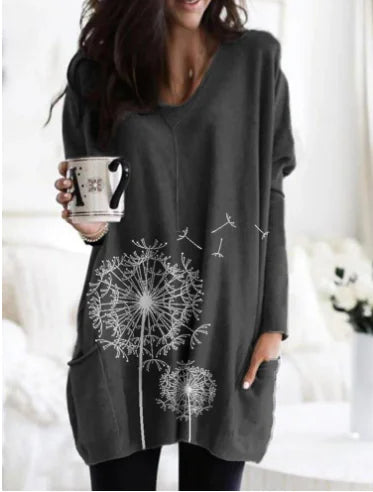 Women's printed long-sleeved, round-neck blouse-style sweater