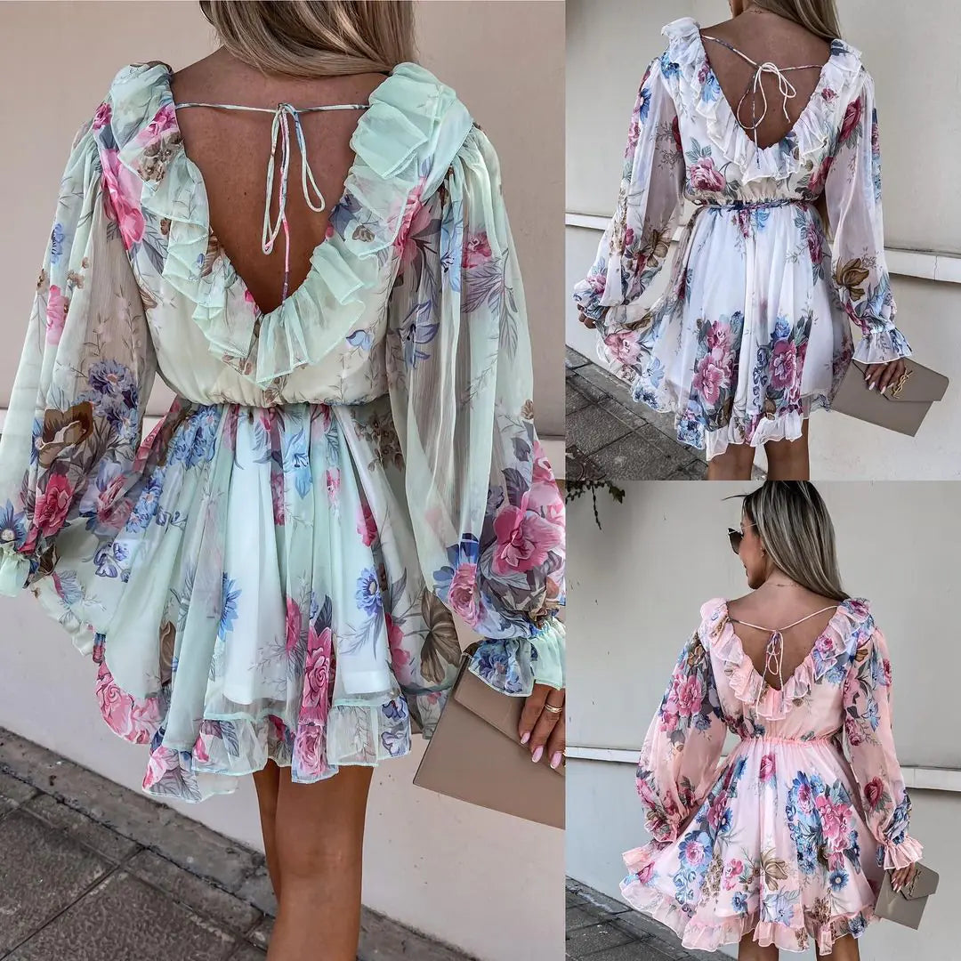 Long-sleeved dress with V-neck and fitted waist