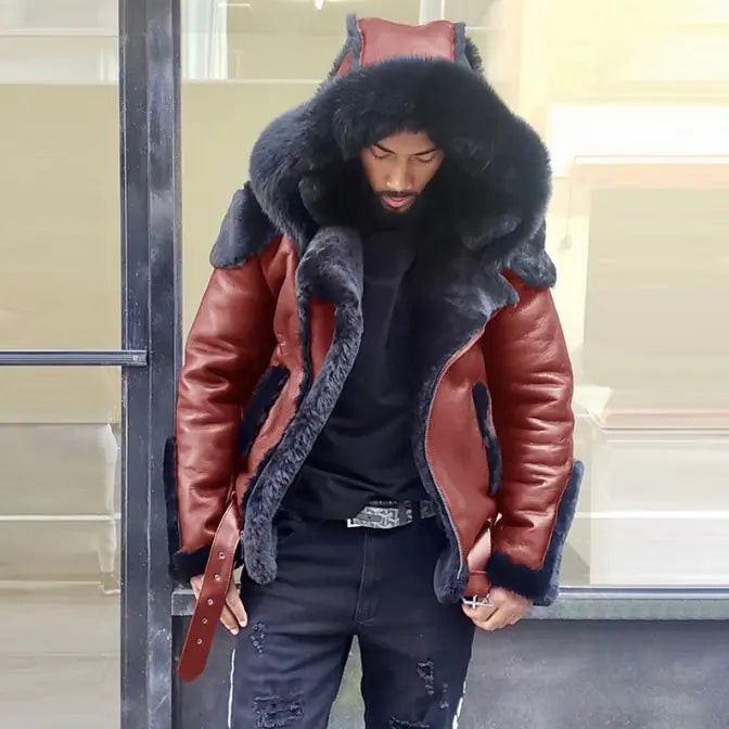 Men's Short Jacket with Faux Fur Hood